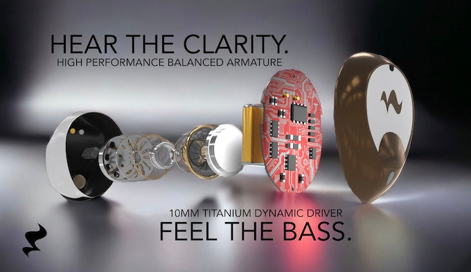 Exploded view of a Kagami Wireless earbud showing the 10mm titanium dynamic driver for bass and the balanced armature for clarity
