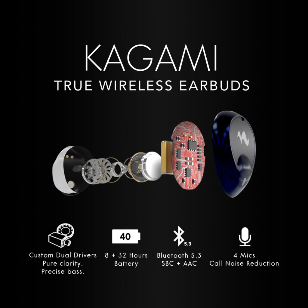 Kagami true wireless earbuds exploded view showing the dual driver, battery and Bluetooth 5.3 board