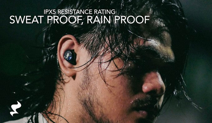 Athlete wearing a Kagami Wireless earbud in the rain, IPX5 sweat and water resistance