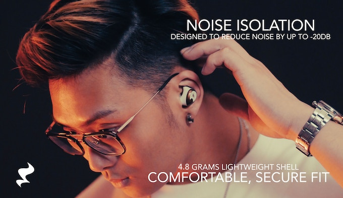 Man wearing a Kagami Wireless earbud, showing the noise-isolating, comfortable and secure fit of the 4.8g earbud