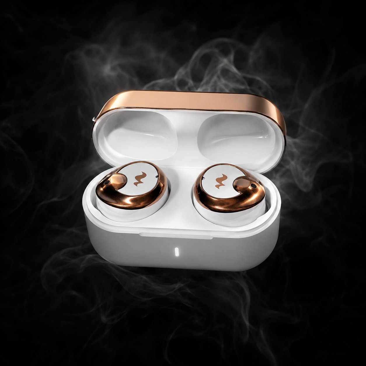 Kagami Wireless Copper earbuds in their open charging case